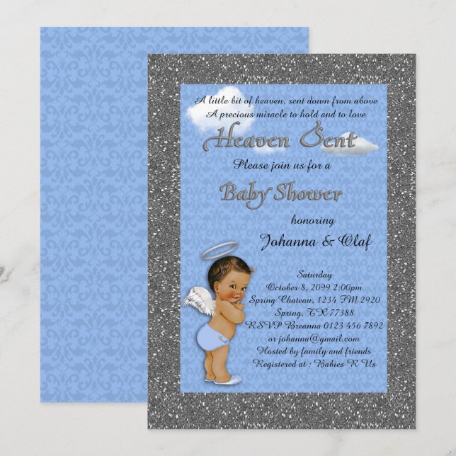 Baby-Duschen-Junge, Baby-Engel, Blau, Glitter, Einladung (Vorne/Hinten)