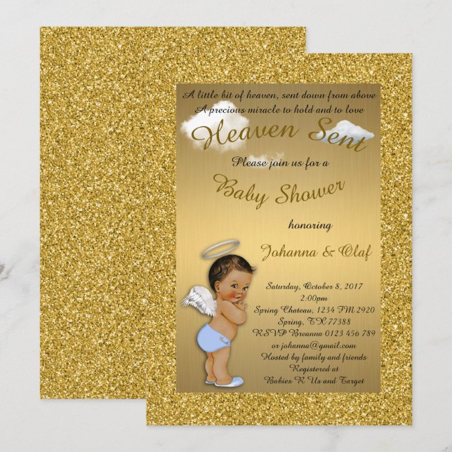 Baby-Duschen-Junge, Baby-Engel, Glitter, Gold, Einladung (Vorne/Hinten)