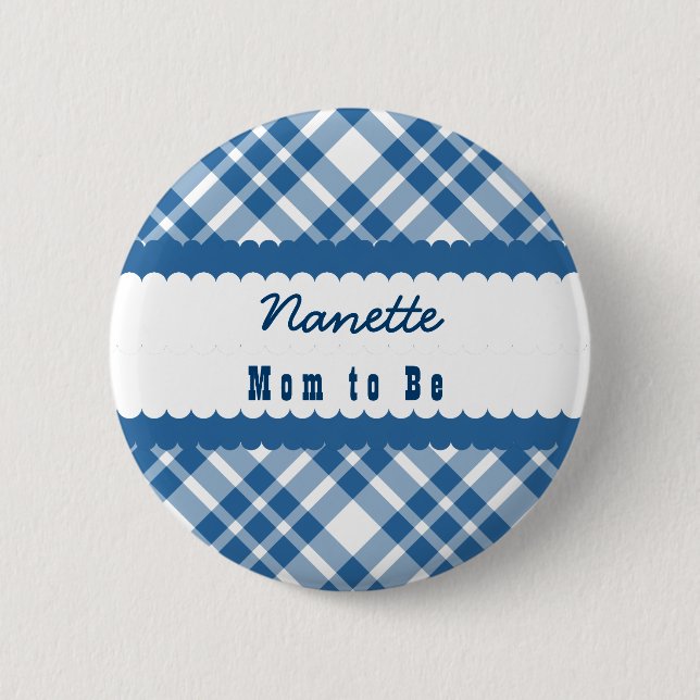 Baby-Duschen-Mama, zum diagonales kariertes BLAU Button (Vorderseite)