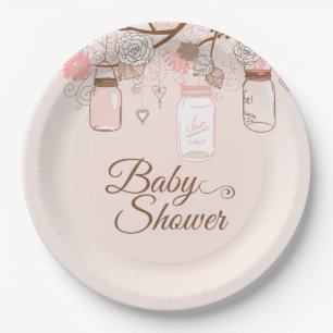 Baby-Duschen-Pappteller des rosa Weckglases Blumen Pappteller