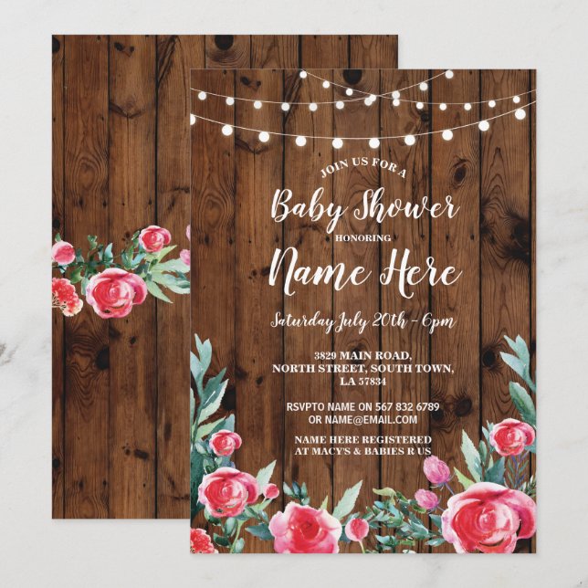 Baby-Duschen-Party-Rosen-Blumenholz lädt ein Einladung (Vorne/Hinten)