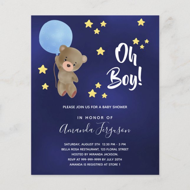 Baby Duschjunge Teddy Bär blaue Einladung (Vorderseite)