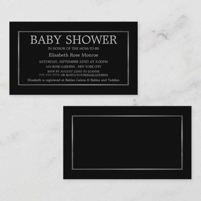 Baby-Duschkarte für Modern & Sleek, Black & Silver Visitenkarte (Vorne/Hinten)