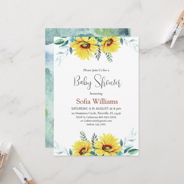 Baby Duschkarte mit Sonnenblumen. Einladung (Vorderseite/Rückseite Beispiel)
