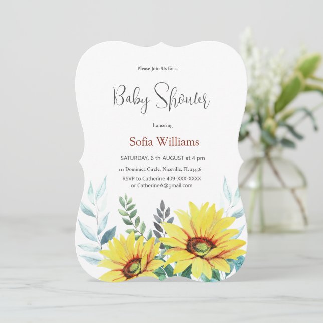 Baby Duschkarte mit Sonnenblumen. Einladung (Stehend Vorderseite)