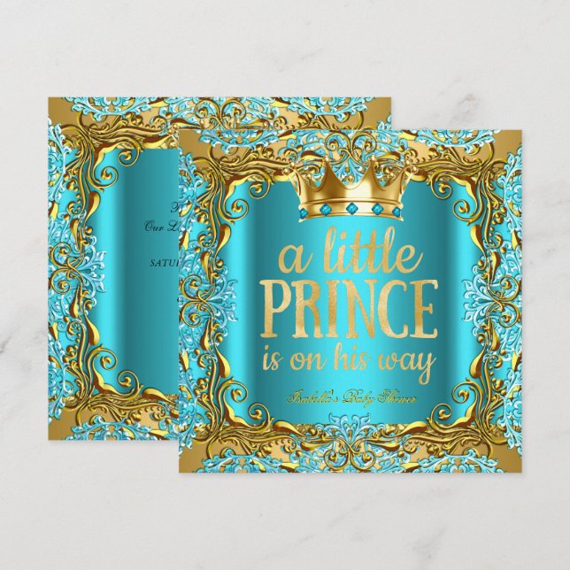 Baby Duschprinz auf dem Weg Gold Aquamarin Aqua Einladung (Vorne/Hinten)