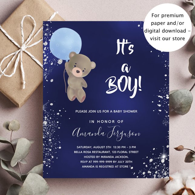 Baby Duschteddy Bärenjunge Blau Glitzer Einladungspostkarte (Von Creator hochgeladen)