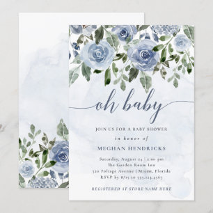 Baby  Dusty Blue Watercolor Blume Dusche Einladung