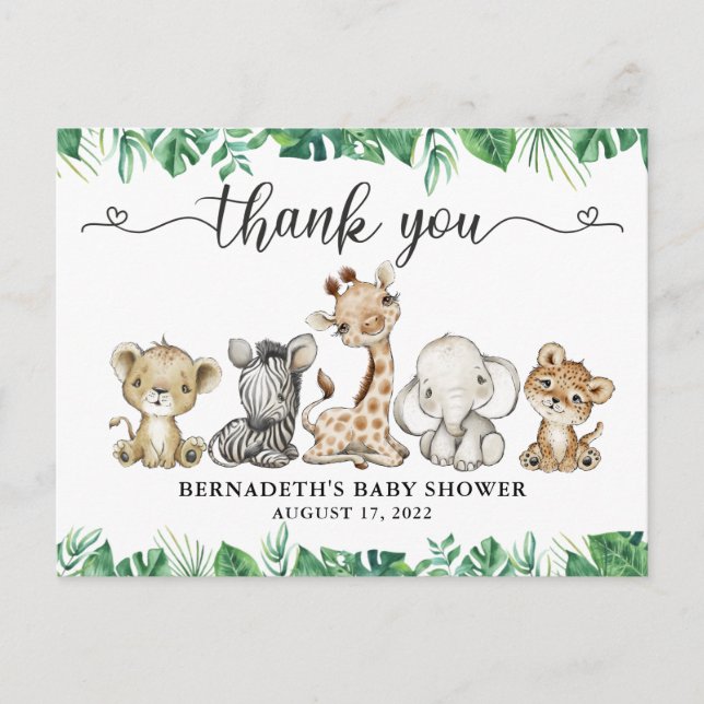 Baby Duwer Floral Safari Tiere Danke Postkarte (Vorderseite)