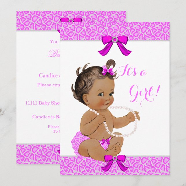 Baby Duwer Girl Hot Pink Leopard Perlen Brünett Einladung (Vorne/Hinten)