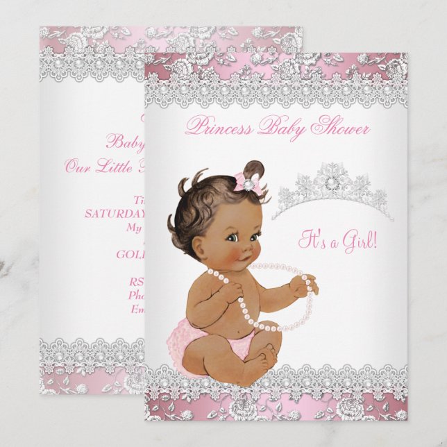 Baby Duwer Girl Pink Pearl Silver Rose Brünett Einladung (Vorne/Hinten)