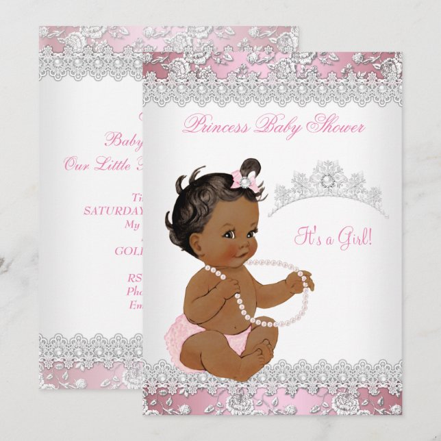Baby Duwer Girl Pink Pearl Silver Rose Ethnisch Einladung (Vorne/Hinten)