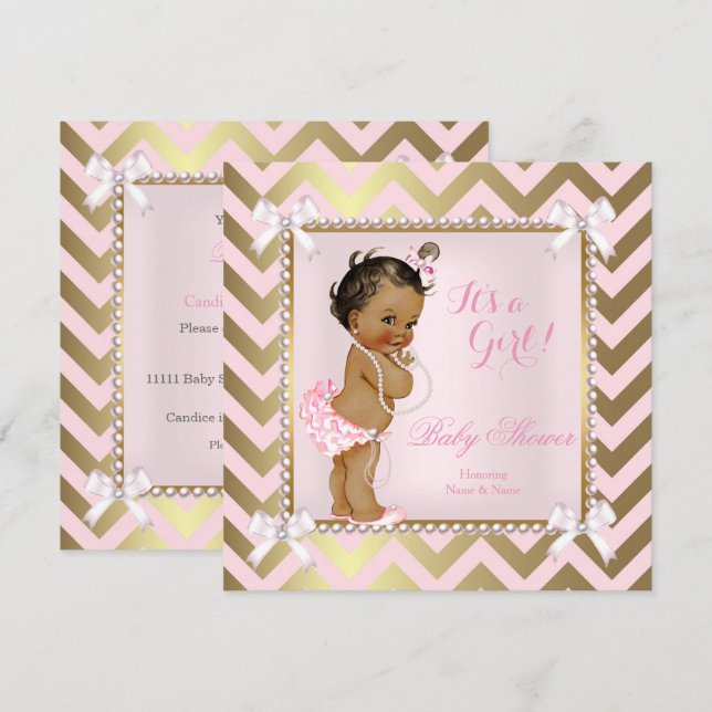 Baby Duwer Girl Pink Pearl Zickzack Ethnic Einladung (Vorne/Hinten)