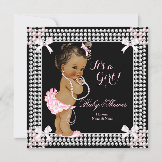 Baby Duwer Girl Pink Pearls Black Ethnic Einladung (Vorderseite)