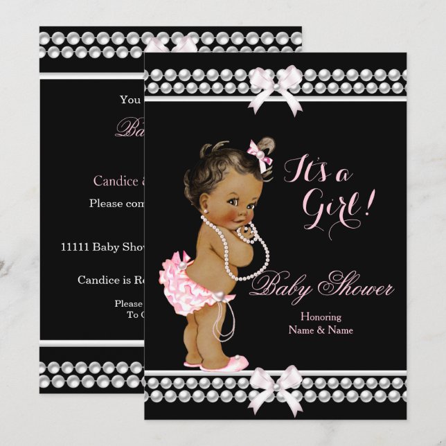 Baby Duwer Girl Pink Pearls Black Ethnic Einladung (Vorne/Hinten)