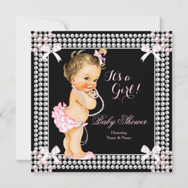 Baby Duwer Girl Pink Pearls Brünett Einladung (Vorderseite)