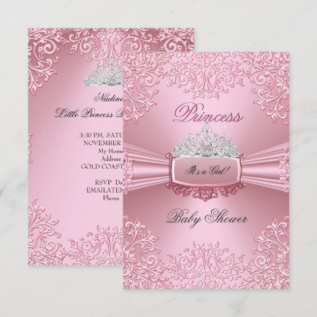 Baby Duwer Girl Pink Princess Tiara Spitze SML Einladung (Vorne/Hinten)