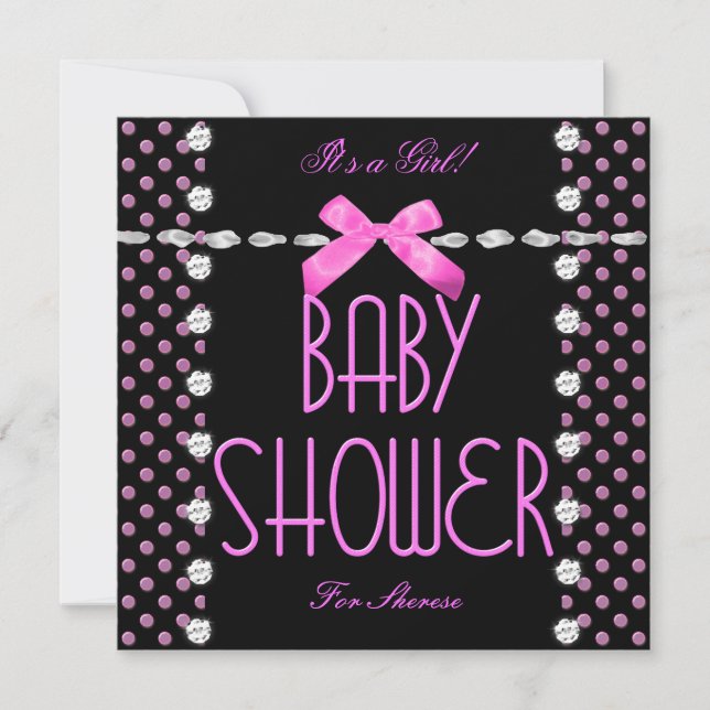 Baby Duwer Girl Pink Schwarz-weiß Polka Dot Einladung (Vorderseite)