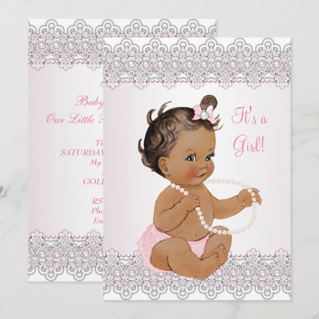 Baby Duwer Girl Pink White Lace Pearl Brünett Einladung (Vorne/Hinten)