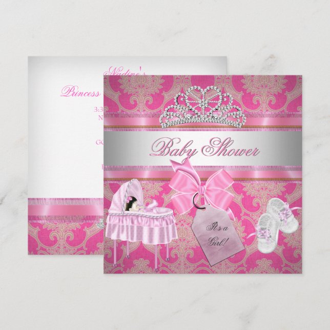 Baby Duwer Girl Pink White Princess Einladung (Vorne/Hinten)