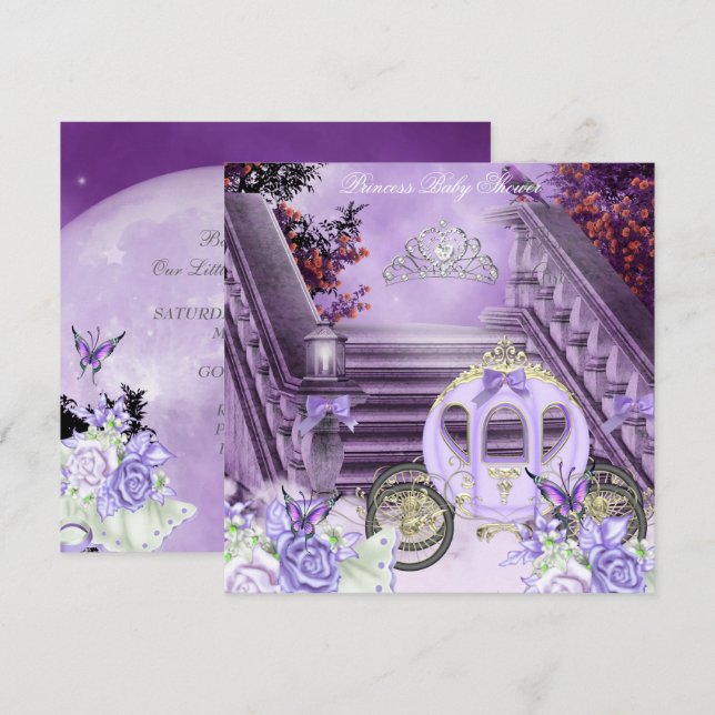 Baby Duwer Girl Princess Carriage Lavendel Einladung (Vorne/Hinten)
