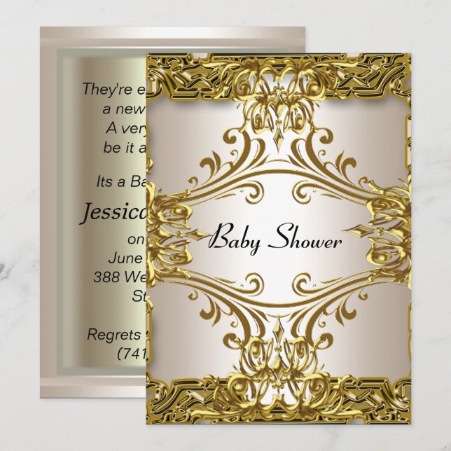 Baby Duwer Gold Cream Neutral Einladung (Vorne/Hinten)