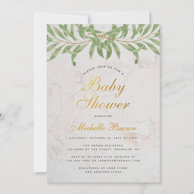Baby Duwer Greenery Elegant Script Gender Neutral Einladung (Vorderseite)