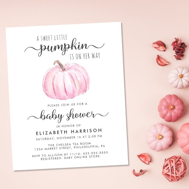 Baby Duwer Pumpkin Pink Aquarellfarben Einladung (Celebrate the upcoming arrival of your sweet little autumn baby with a pumpkin-themed baby shower)