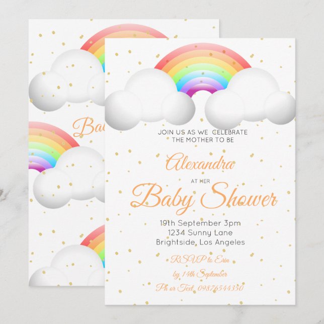 Baby Duwer Regenbogen Wolken farbige Goldrappen Einladung (Vorne/Hinten)