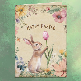Baby Easter Bunny with Pink Tulip Vintage Floral Karte