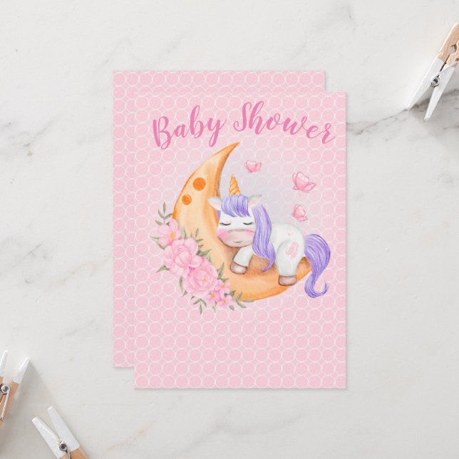 Baby einhorcht mit Blume über den Mond Einladung (Vorderseite/Rückseite Beispiel)