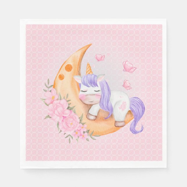 Baby einhorcht mit Blume über den Mond Serviette (Vorderseite)