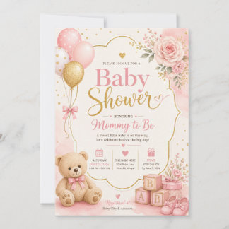 Baby-Einladung für Mädchen in Rosa und Gold, Aquar