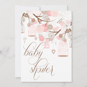 Baby-Einladungen mit rosa Blumen und Vogelkäfigen Einladung