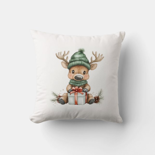 Baby Elche in Weihnachtsmannmütze mit Geschenk Win Kissen (Vorderseite)
