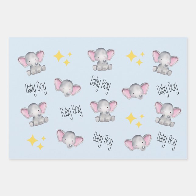Baby Elefant Baby Boy Dusche Geschenkpapier Set (Vorderseite)