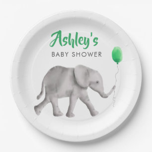 Baby-Elefant-Babyparty-Elefant u. grüner Ballon Pappteller