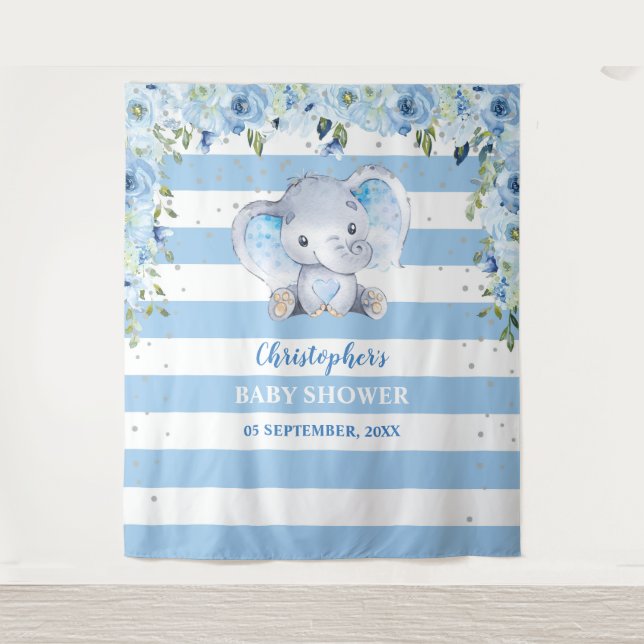Baby Elefant blus floral silber Baby Dusche Wandteppich (Vorderseite)