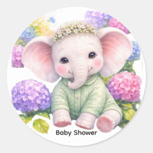 Baby-Elefant mit Hortensien Baby-Party Runder Aufkleber
