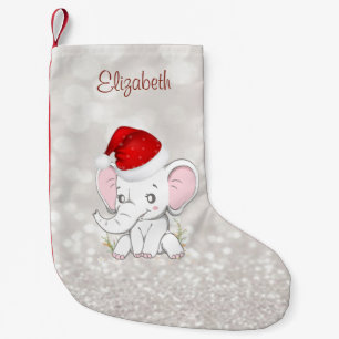 Baby-Elefant mit Santa-Mütze, Glitter-Bokeh Kleiner Weihnachtsstrumpf