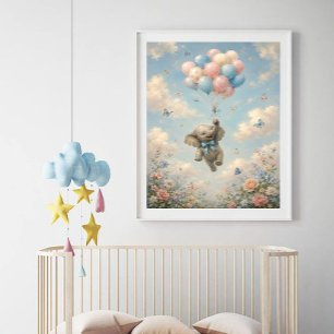 Baby-Elefant schwebt mit Luftballons Poster