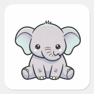 Baby-Elefant – Süße Kawaii-Illustration Quadratischer Aufkleber