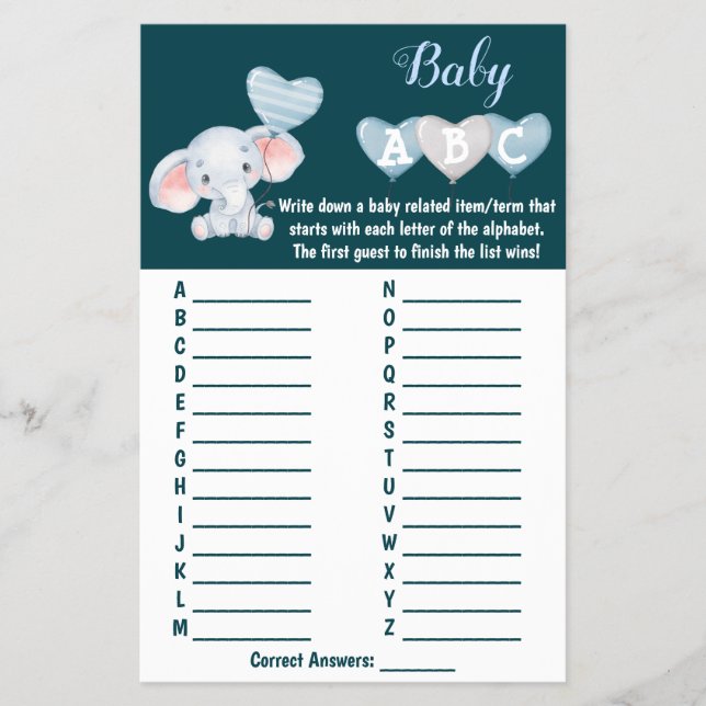 Baby Elephant ABC Baby Shower Game Card Flyer (Vorne)