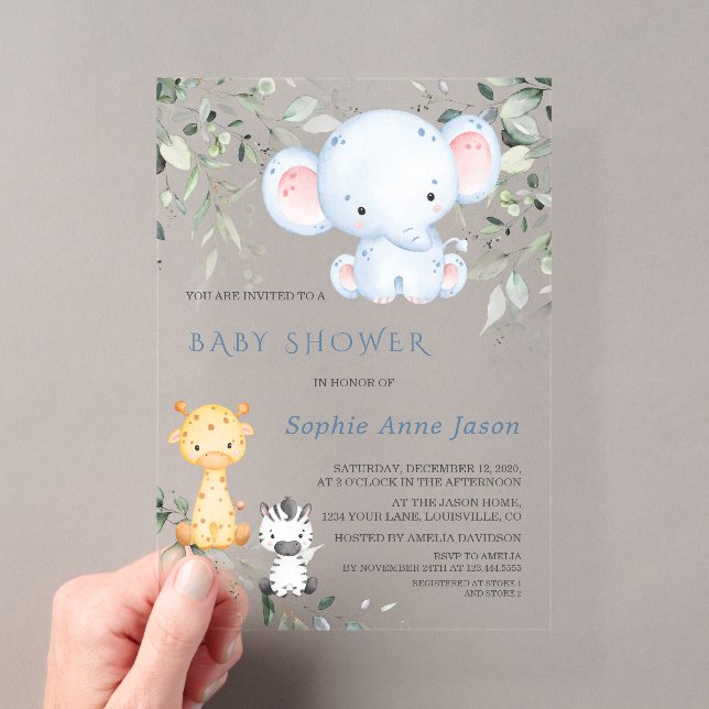 Baby Elephant and Friends Safari Boy Baby Shower Acryleinladungen (Insitu (Handheld))