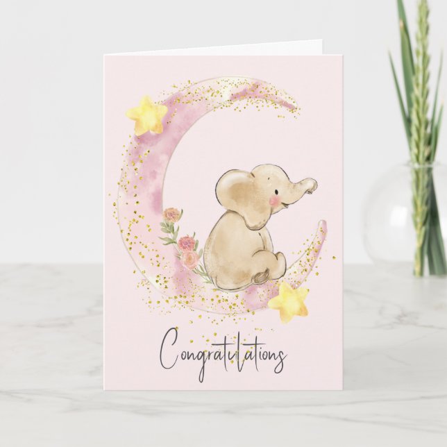 Baby Elephant auf rosa Mond Karte (Vorderseite)
