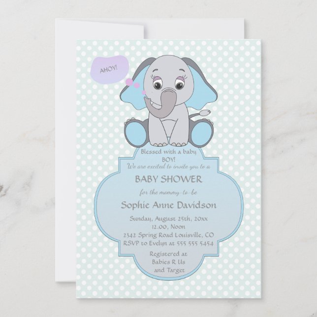 Baby Elephant Baby Boy Invitation Baby shower (Devant)