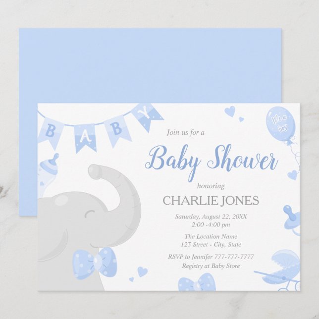 Baby Elephant Baby Shower Boy Einladungen (Vorne/Hinten)