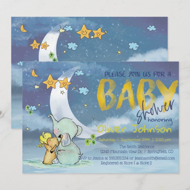 Baby Elephant Baby shower Boy Invitation (Devant / Derrière)
