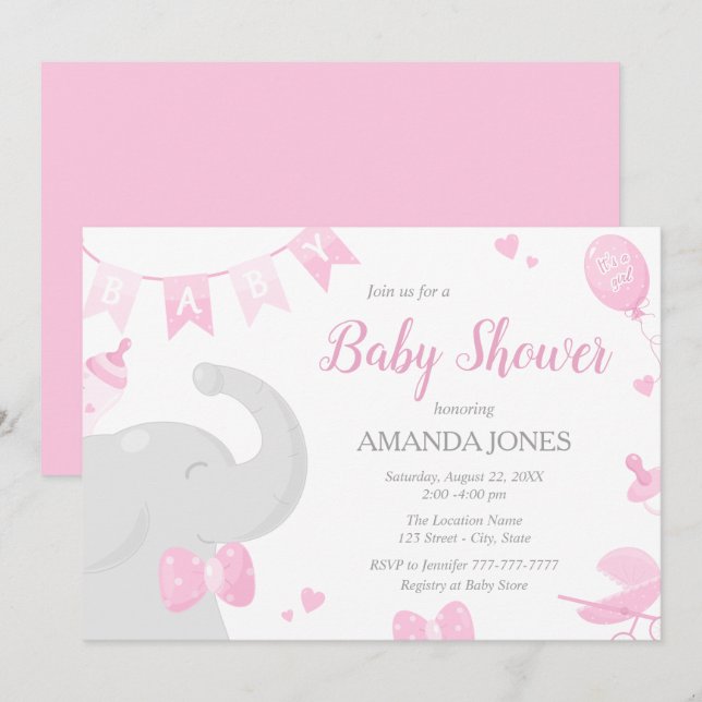 Baby Elephant Baby Shower Girl Einladungen (Vorne/Hinten)