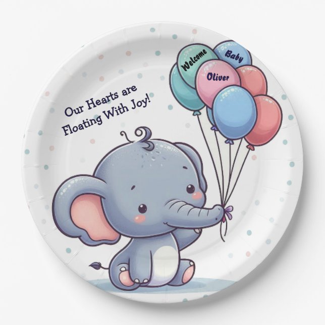 Baby Elephant Balloon Baby Shower Paper Plates  Pappteller (Vorderseite)
